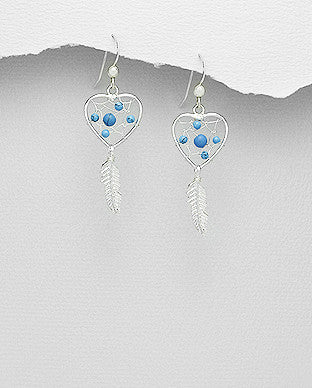 TURQUOISE, FEATHER HEART DREAM CATCHER EARRINGS STERLING SILVER