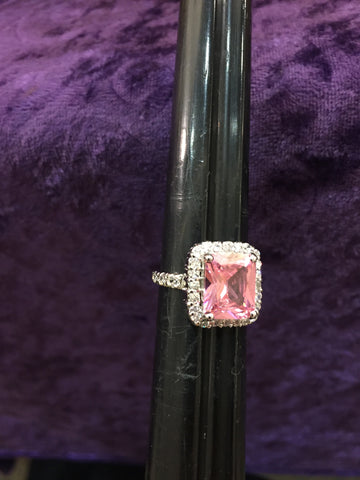 SQUARE PINK CRYSTAL RING OCTOBER BIRTHSTONE STERLING SILVER