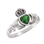 CLADDAGH RING WITH GREEN CRYSTAL .925 STERLING SILVER