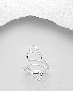 DOUBLE HEART RING OPEN ON TOP ADJUSTABLE STERLING SILVER